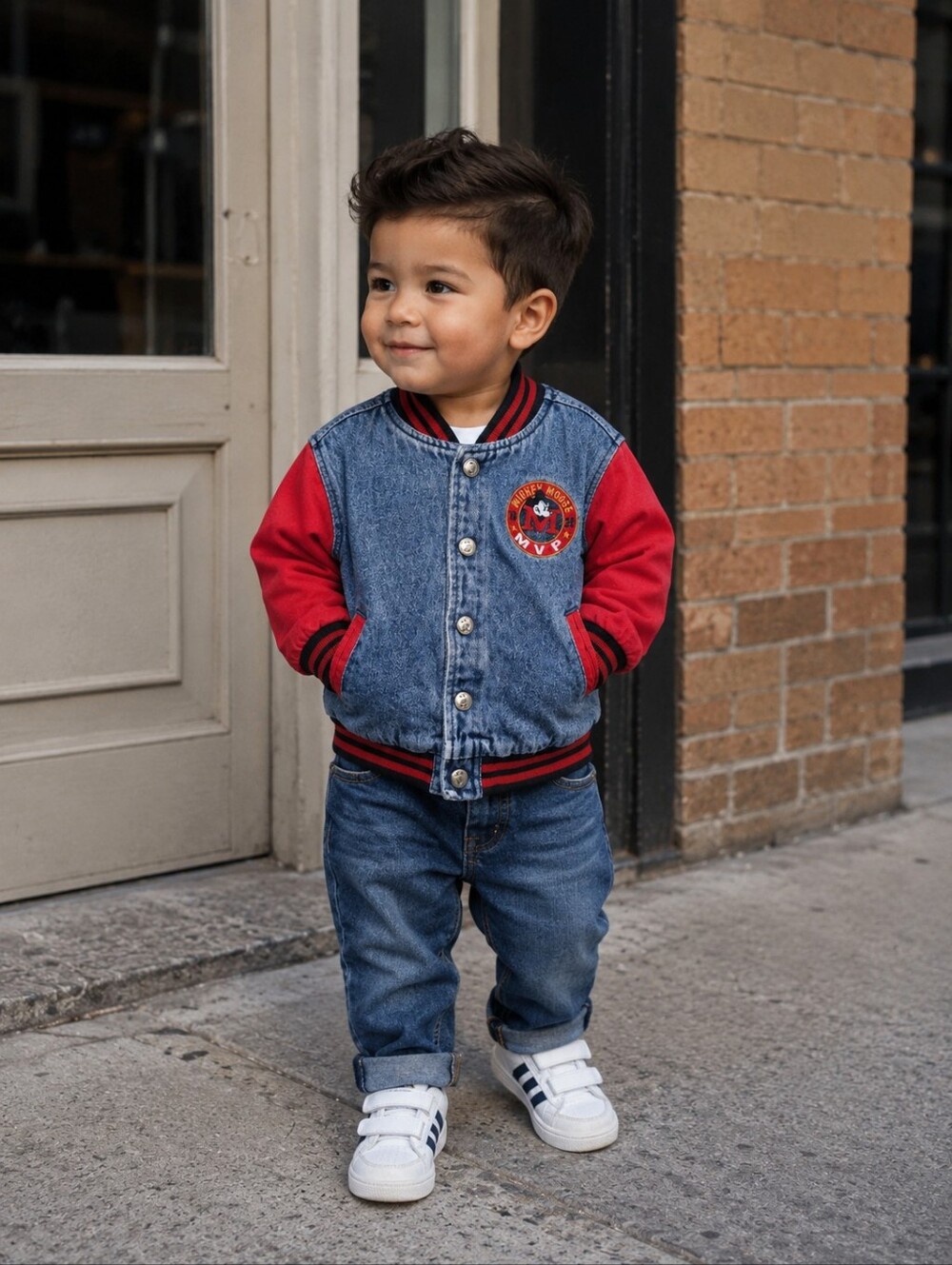 Vintage Disney Mickey Mouse Denim Varsity Jacket 24M Toddler 90s Cartoon MVP